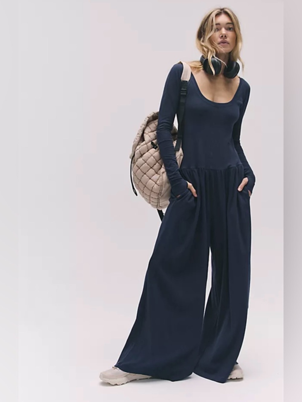 New Free People Hot Shot Wide-Leg Onesie In Midnight Navy Size XS